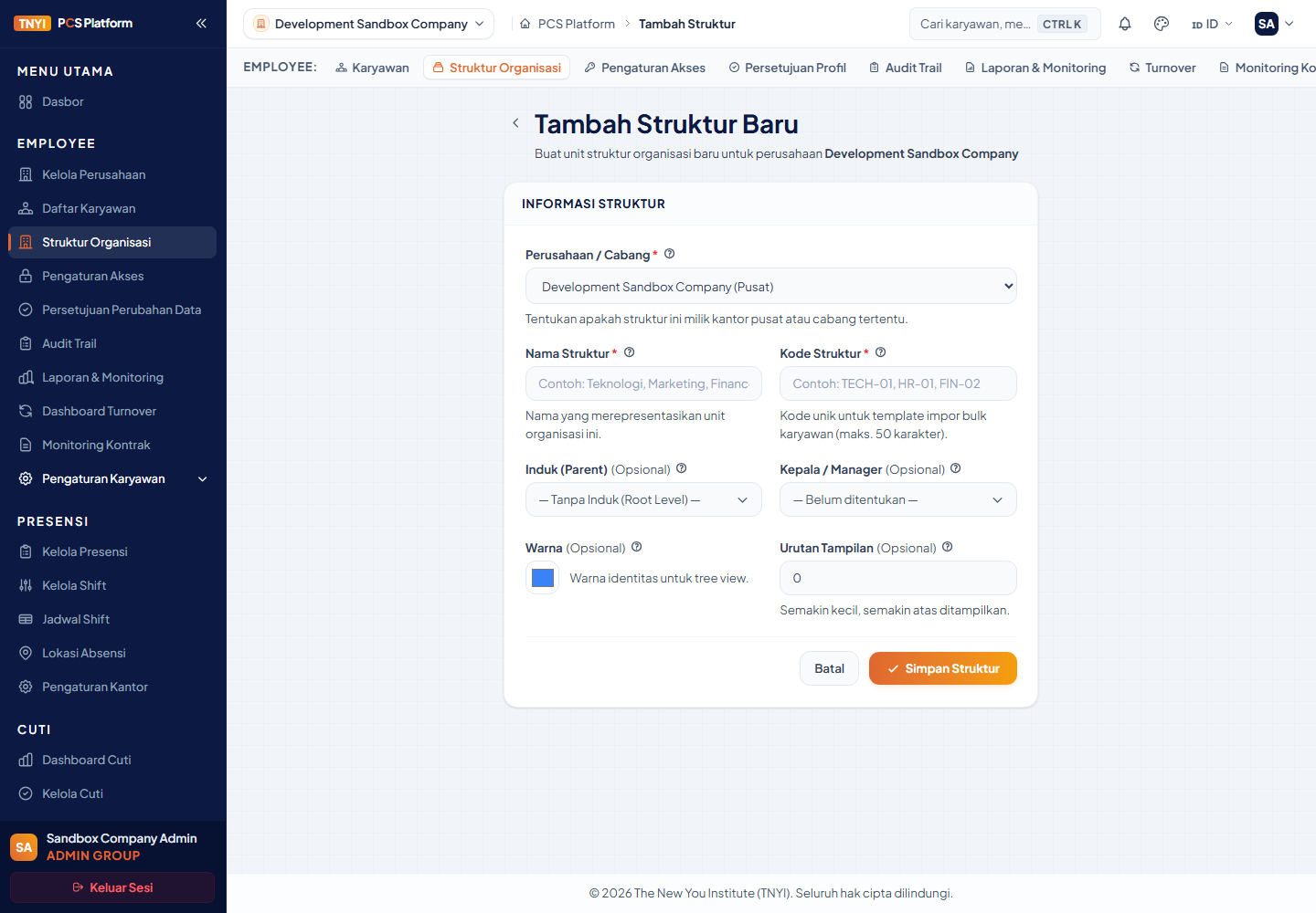 Form Tambah Struktur Baru dengan pilihan perusahaan, nama, kode, dan struktur induk